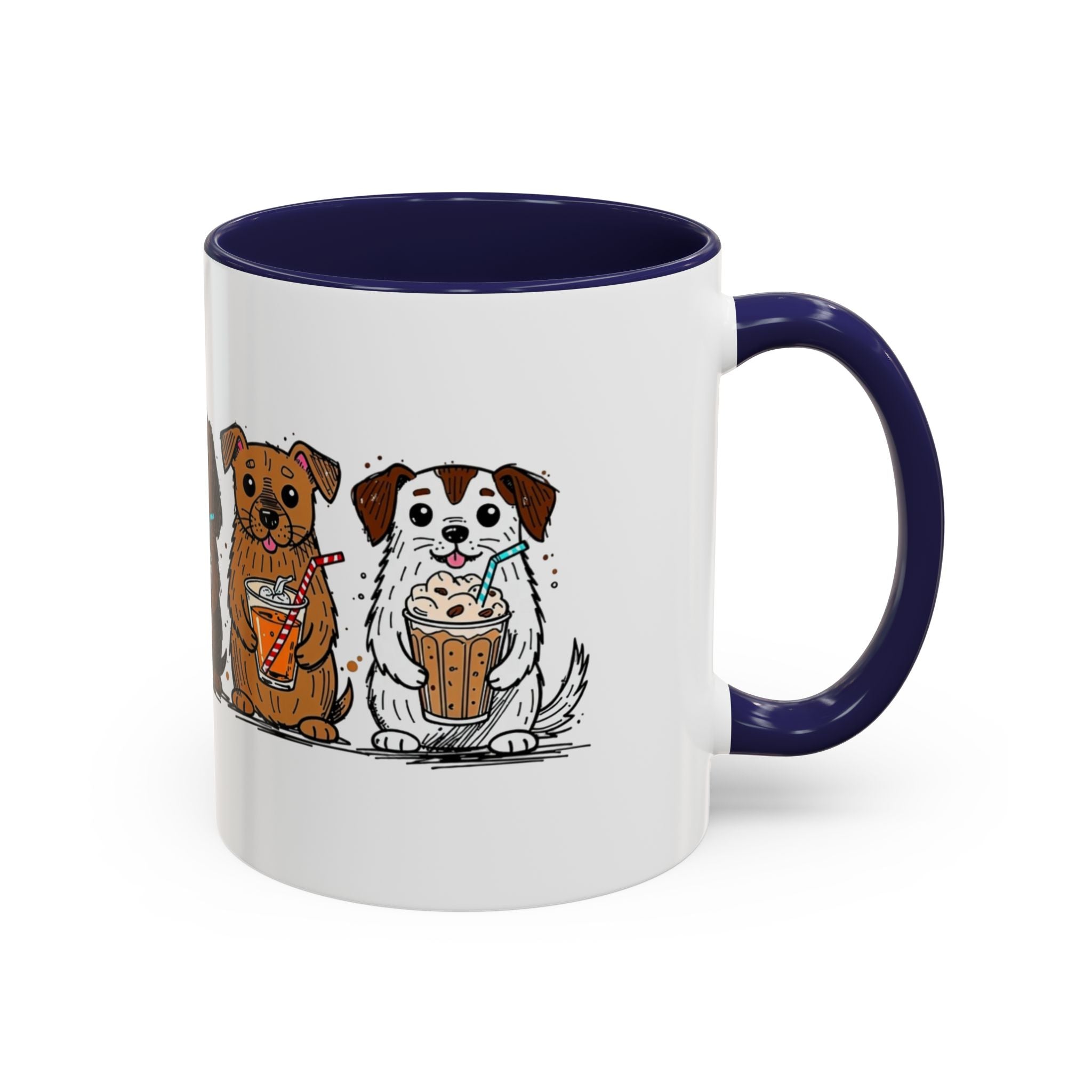 Cute Dogs Coffee Mug — Cartoon Puppies Holding Lattes (11/15oz Accent Mug)