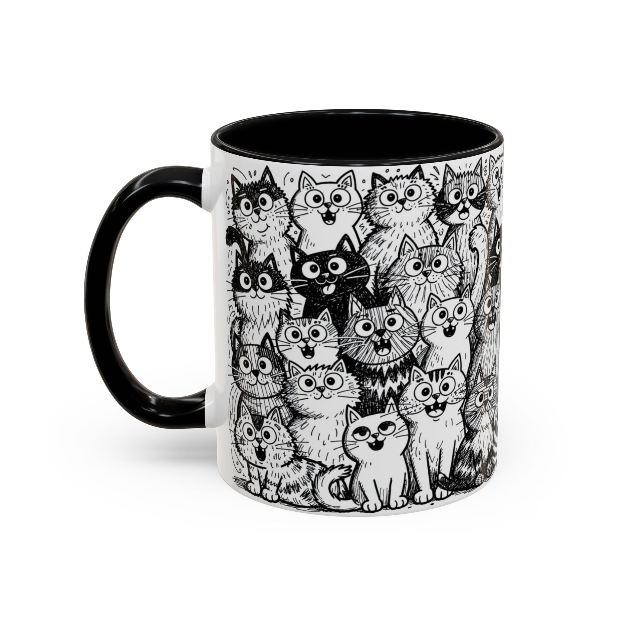 . Cat Doodle Accent Coffee Mug — Black & White Cute Cat Pattern (11/15 oz)