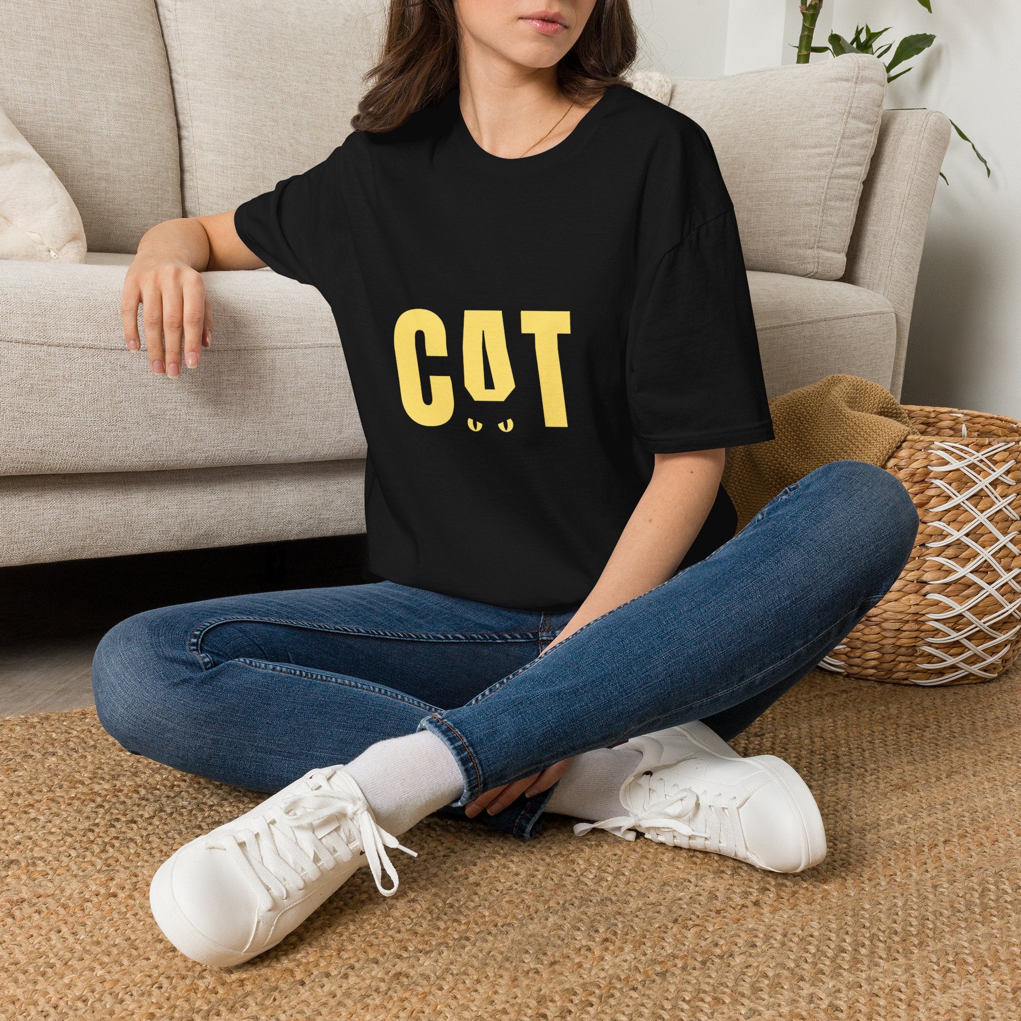 CAT graphic T-Shirt | yellow cat text with hidden eyes design