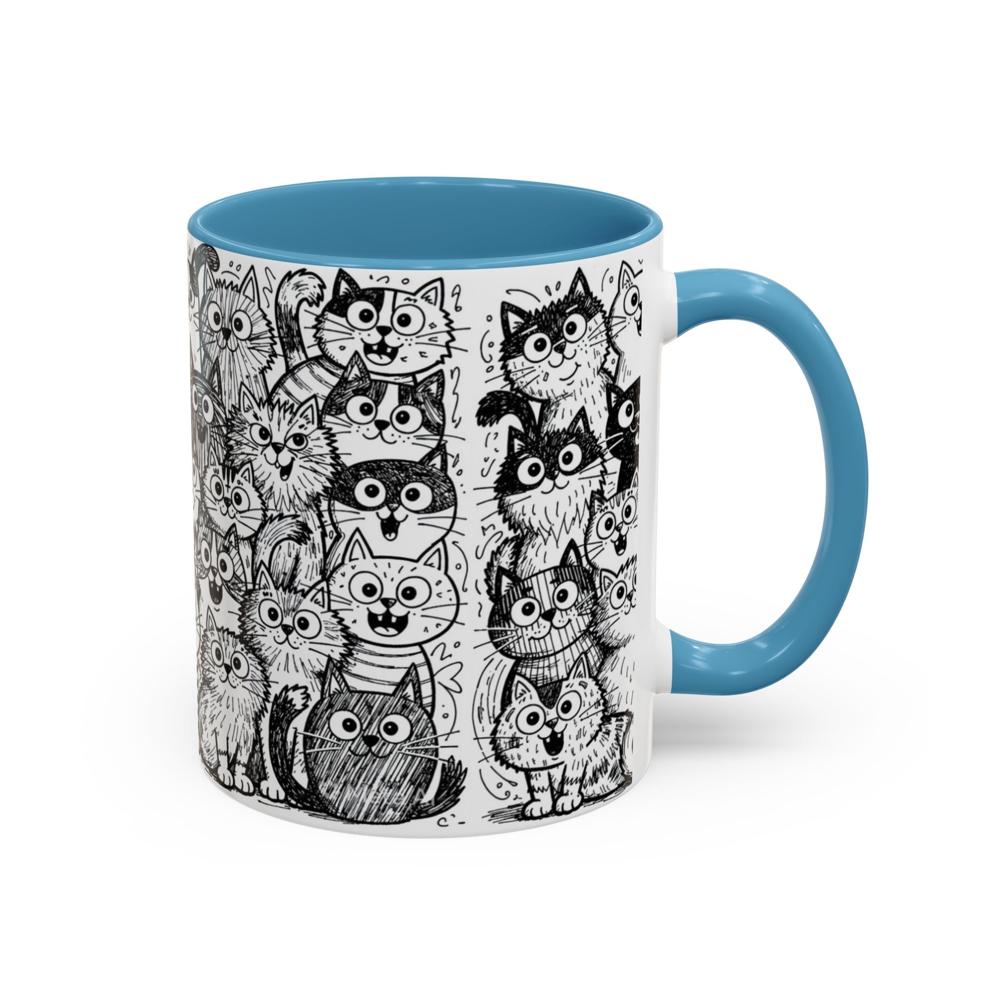 . Cat Doodle Accent Coffee Mug — Black & White Cute Cat Pattern (11/15 oz)
