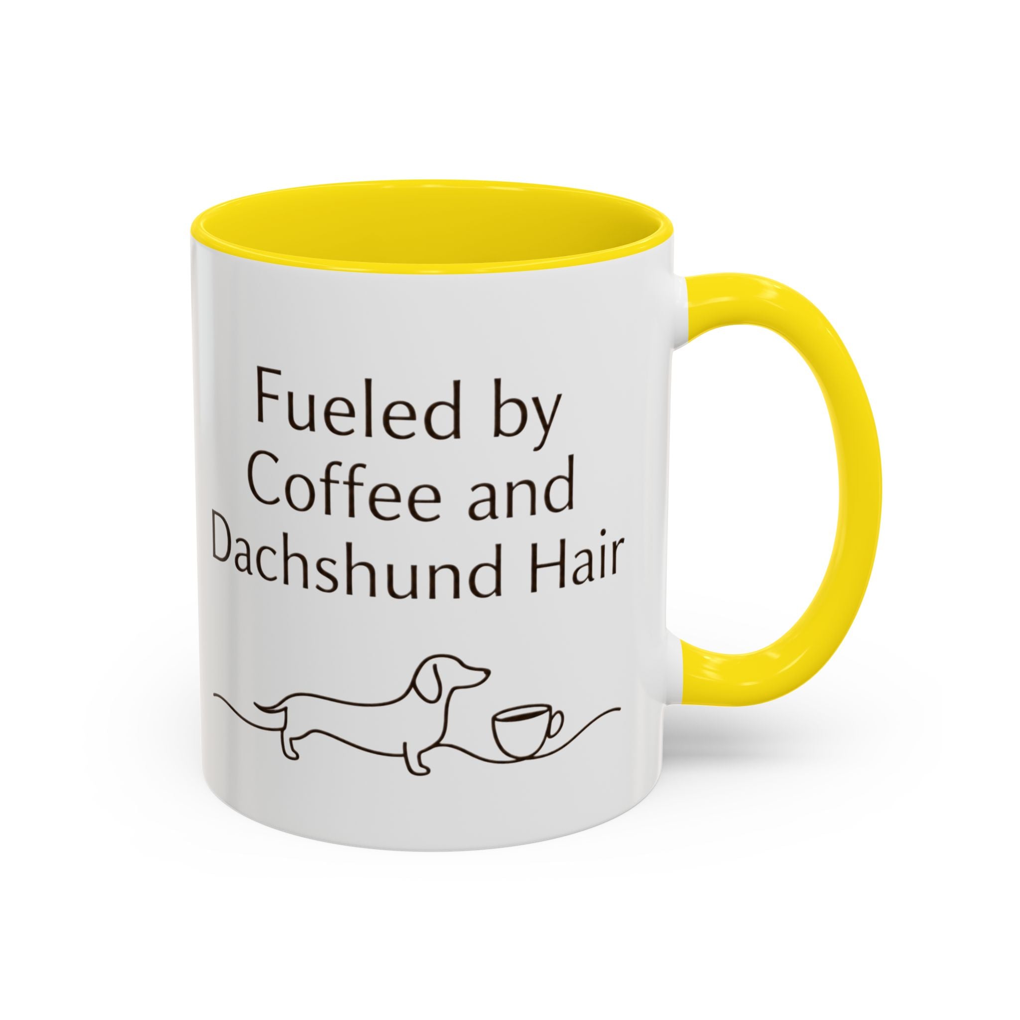 Dachshund Coffee Mug — “Fueled by Coffee and Dachshund Hair” Accent Ceramic Mug