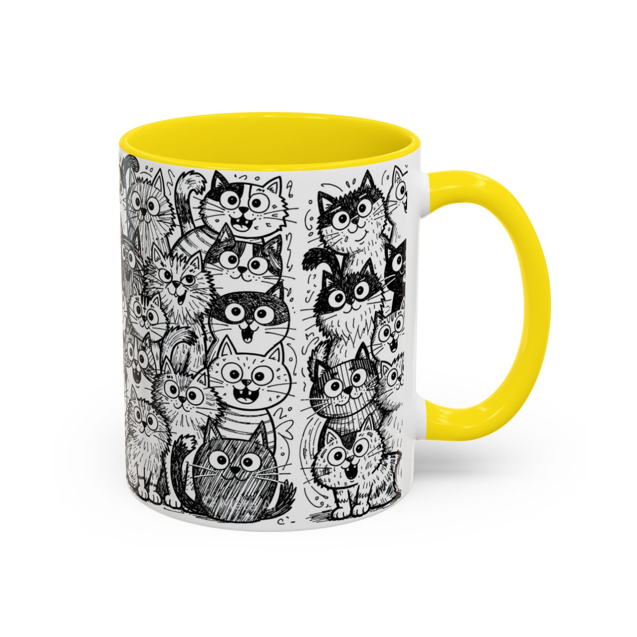 . Cat Doodle Accent Coffee Mug — Black & White Cute Cat Pattern (11/15 oz)