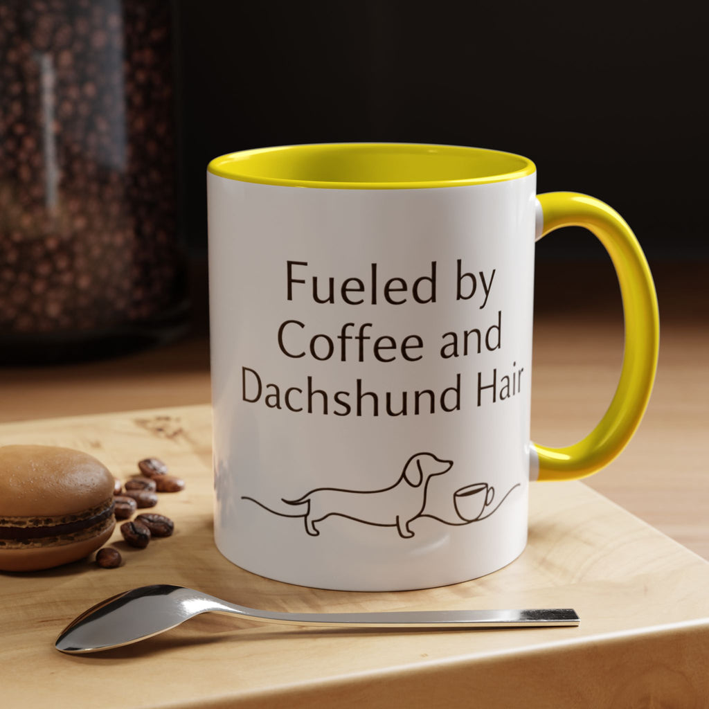 Dachshund Coffee Mug — “Fueled by Coffee and Dachshund Hair” Accent Ceramic Mug