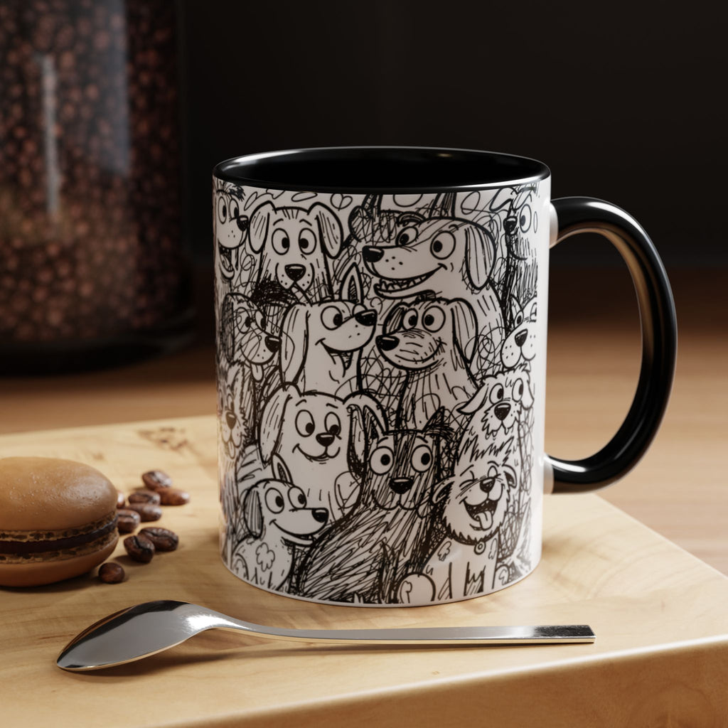 Black & White Cute Dogs Accent Coffee Mug (11/15oz) — Patterned Puppy Tea Cup