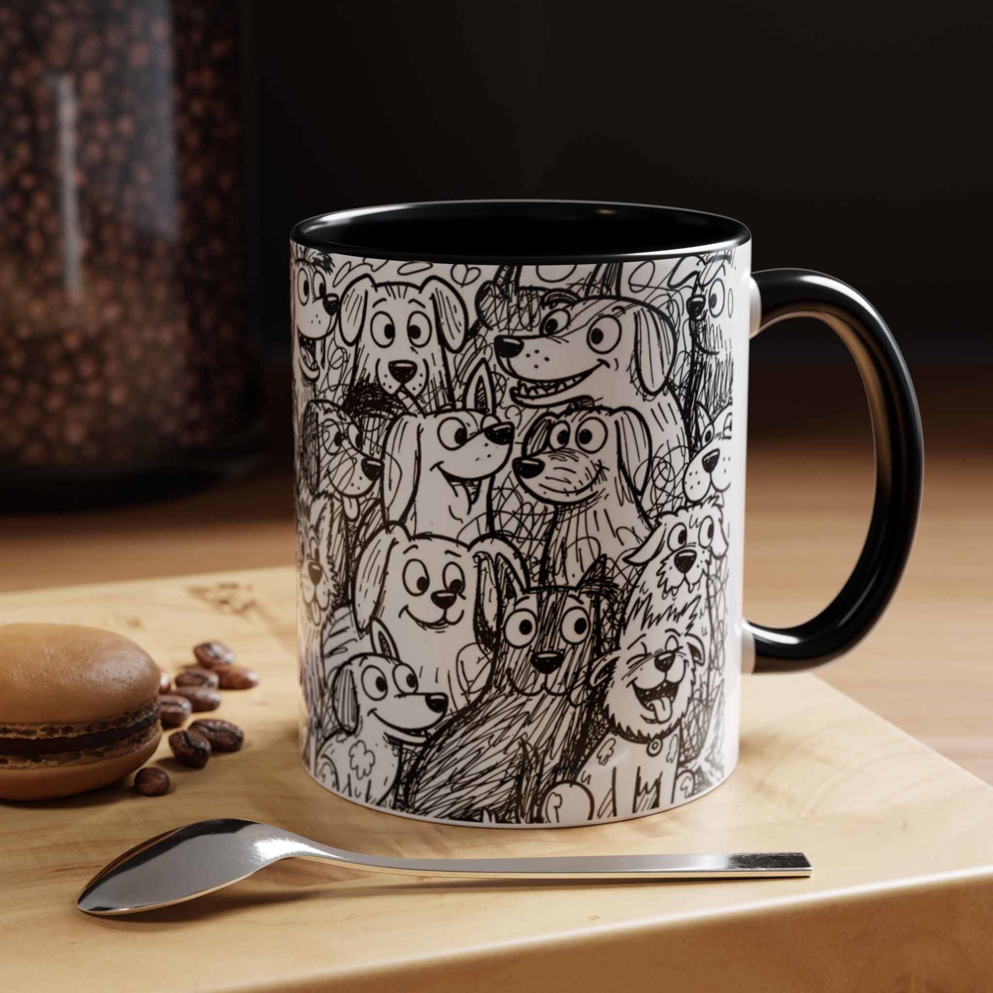 Black & White Cute Dogs Accent Coffee Mug (11/15oz) — Patterned Puppy Tea Cup