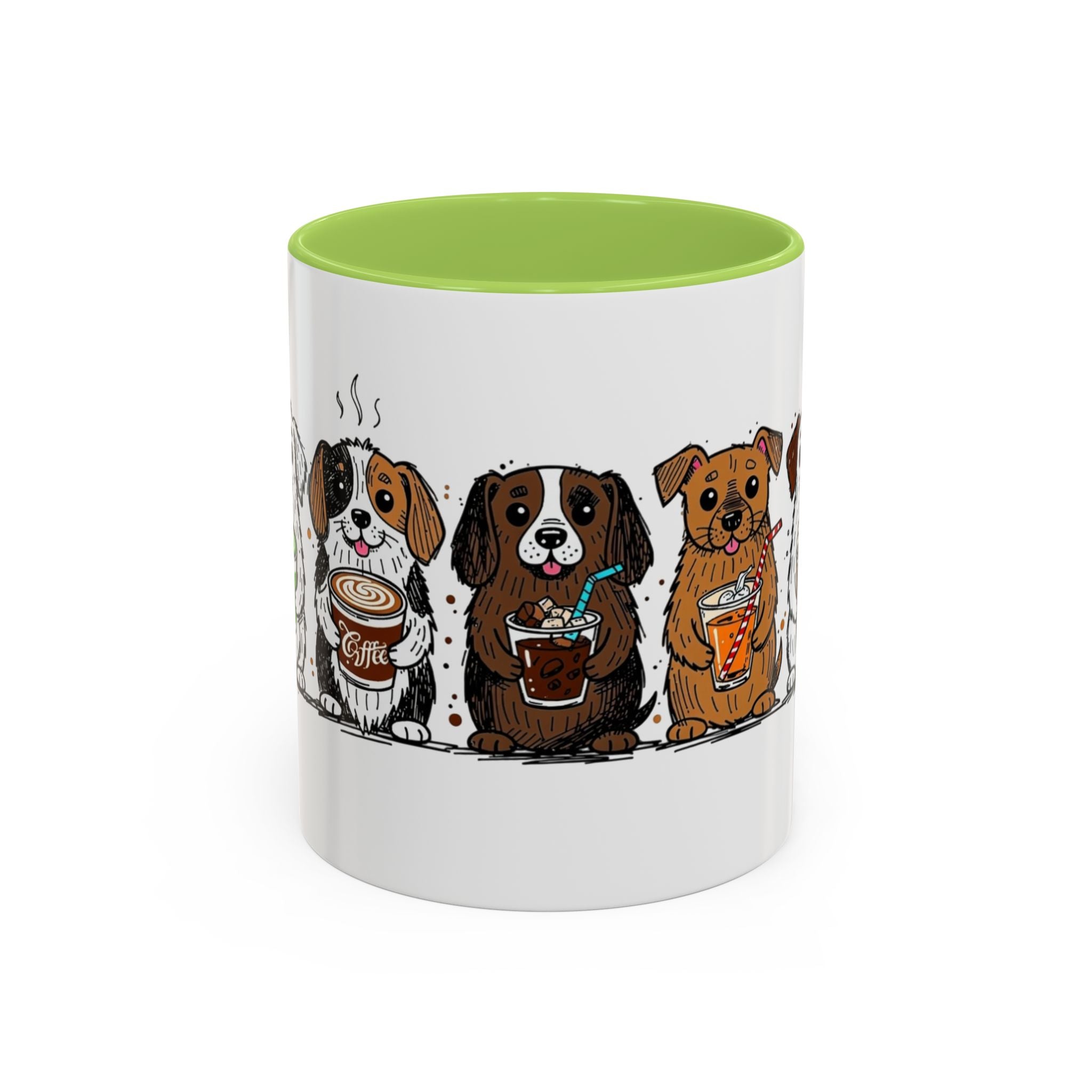 Cute Dogs Coffee Mug — Cartoon Puppies Holding Lattes (11/15oz Accent Mug)