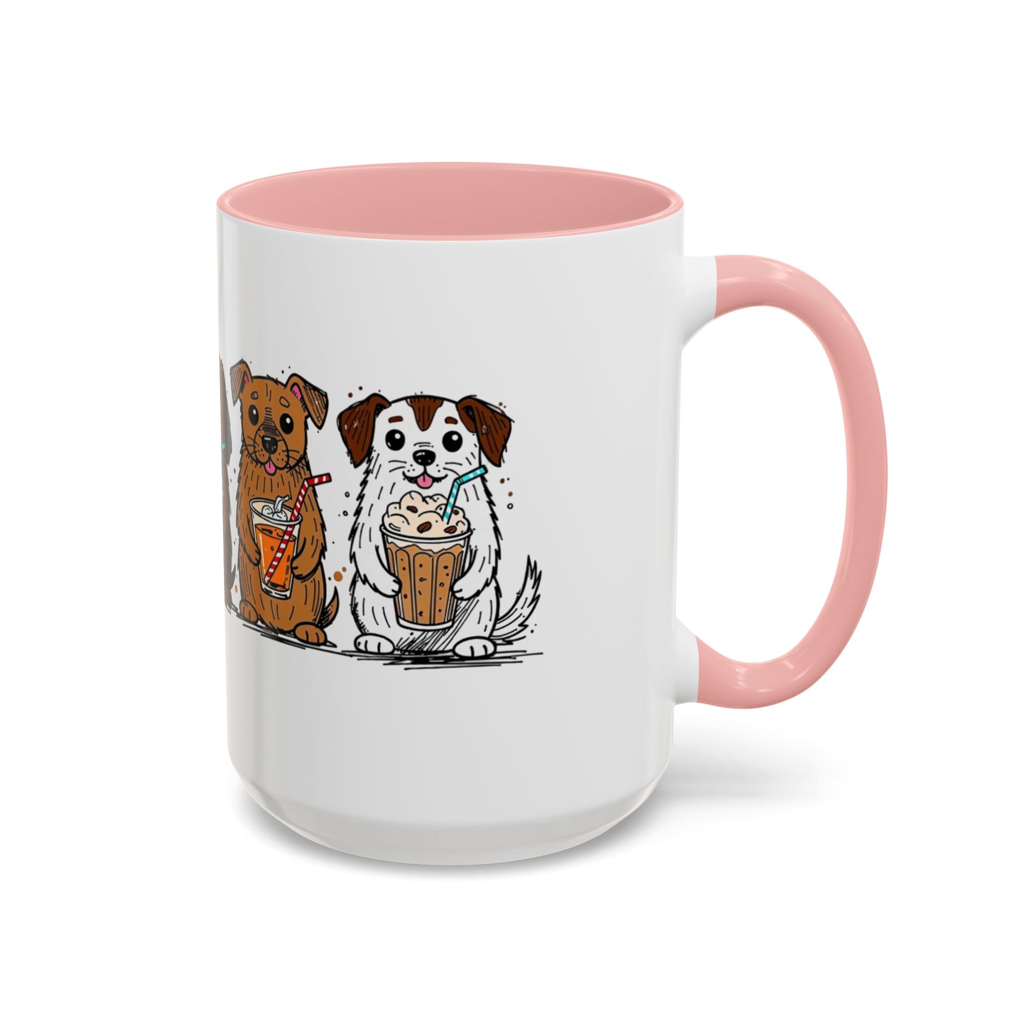 Cute Dogs Coffee Mug — Cartoon Puppies Holding Lattes (11/15oz Accent Mug)