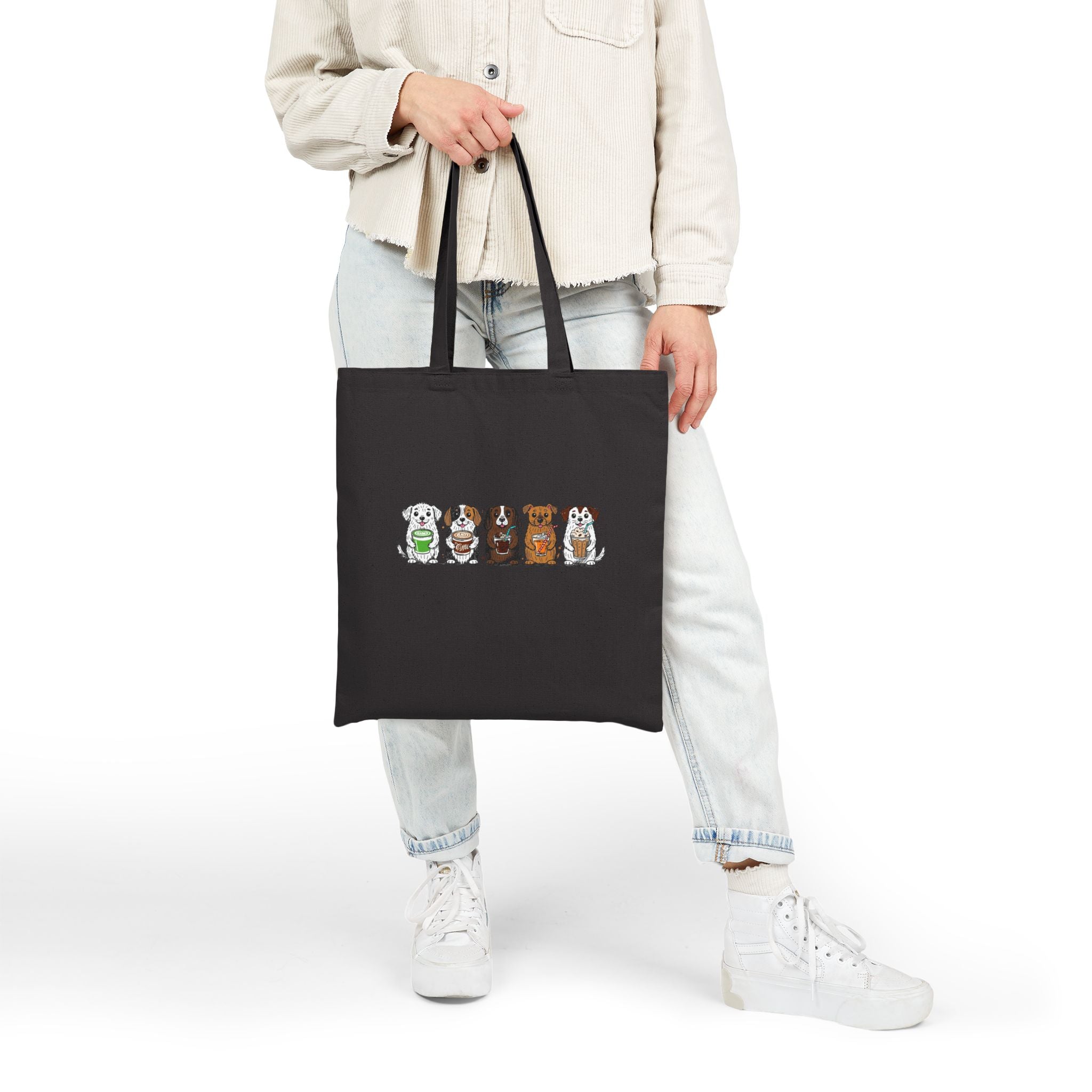 Cute Row of Dogs Cotton Tote Bag — Small Breed Puppy Illustration Canvas Shopper