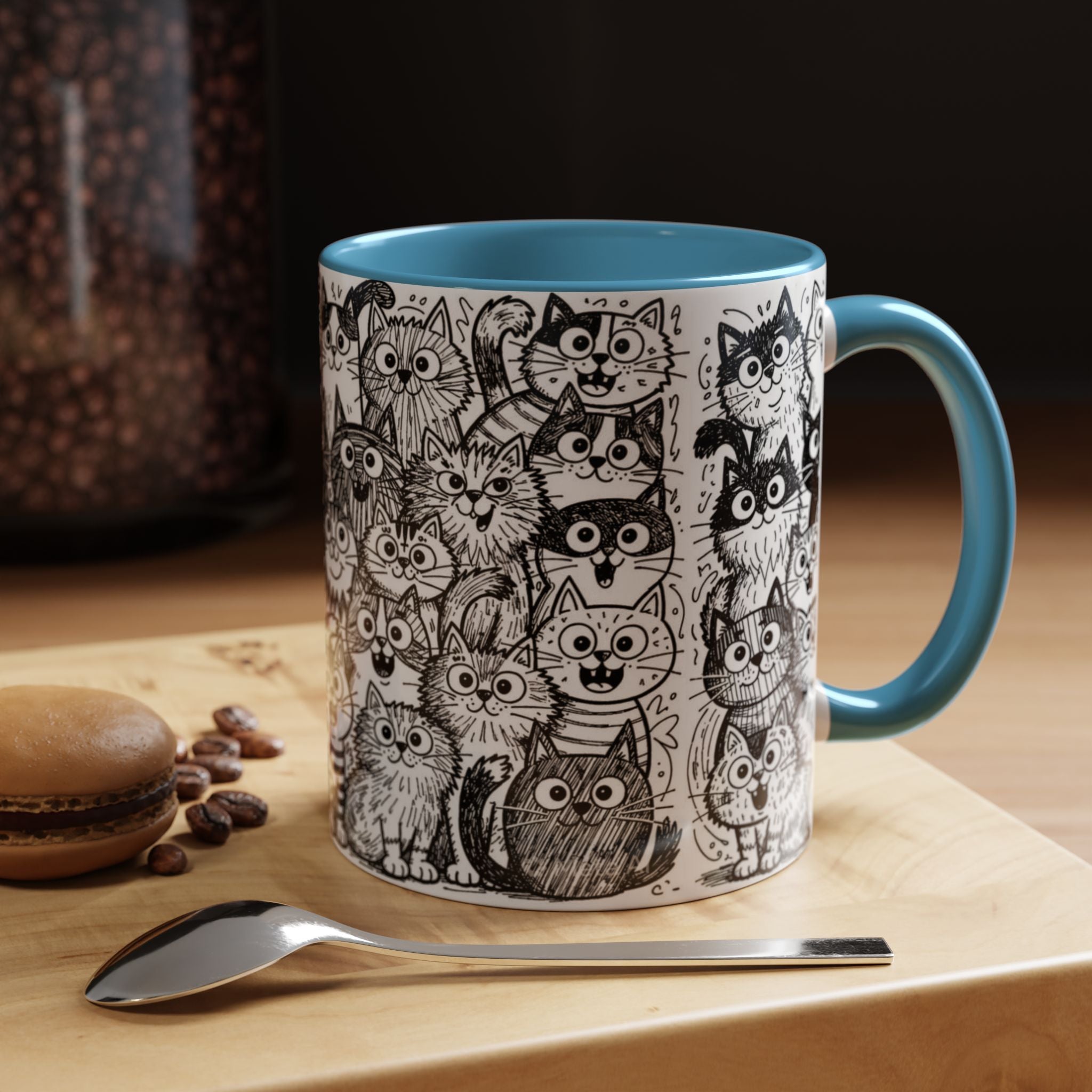 . Cat Doodle Accent Coffee Mug — Black & White Cute Cat Pattern (11/15 oz)