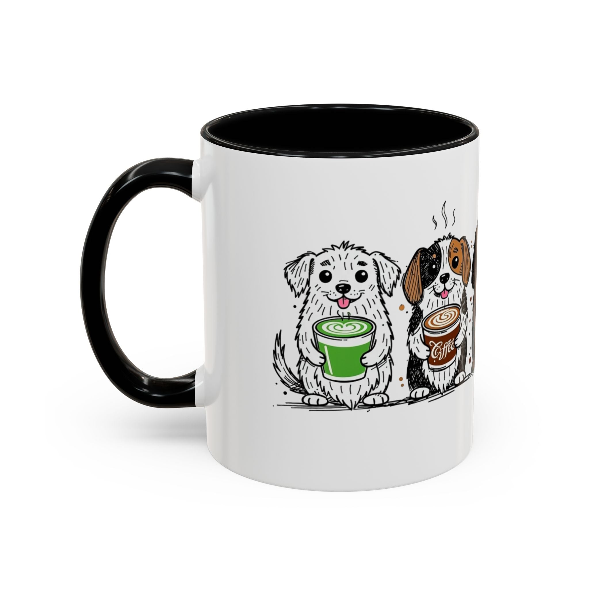 Cute Dogs Coffee Mug — Cartoon Puppies Holding Lattes (11/15oz Accent Mug)