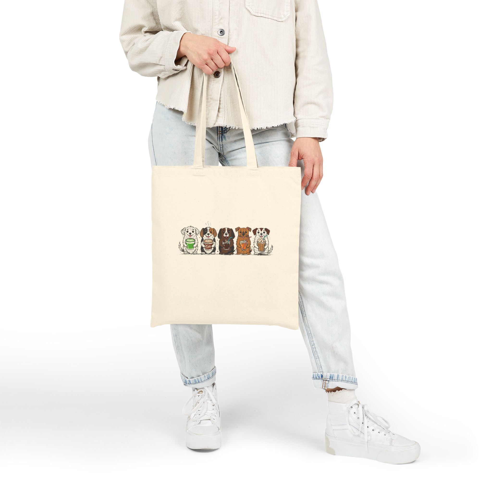 Cute Row of Dogs Cotton Tote Bag — Small Breed Puppy Illustration Canvas Shopper