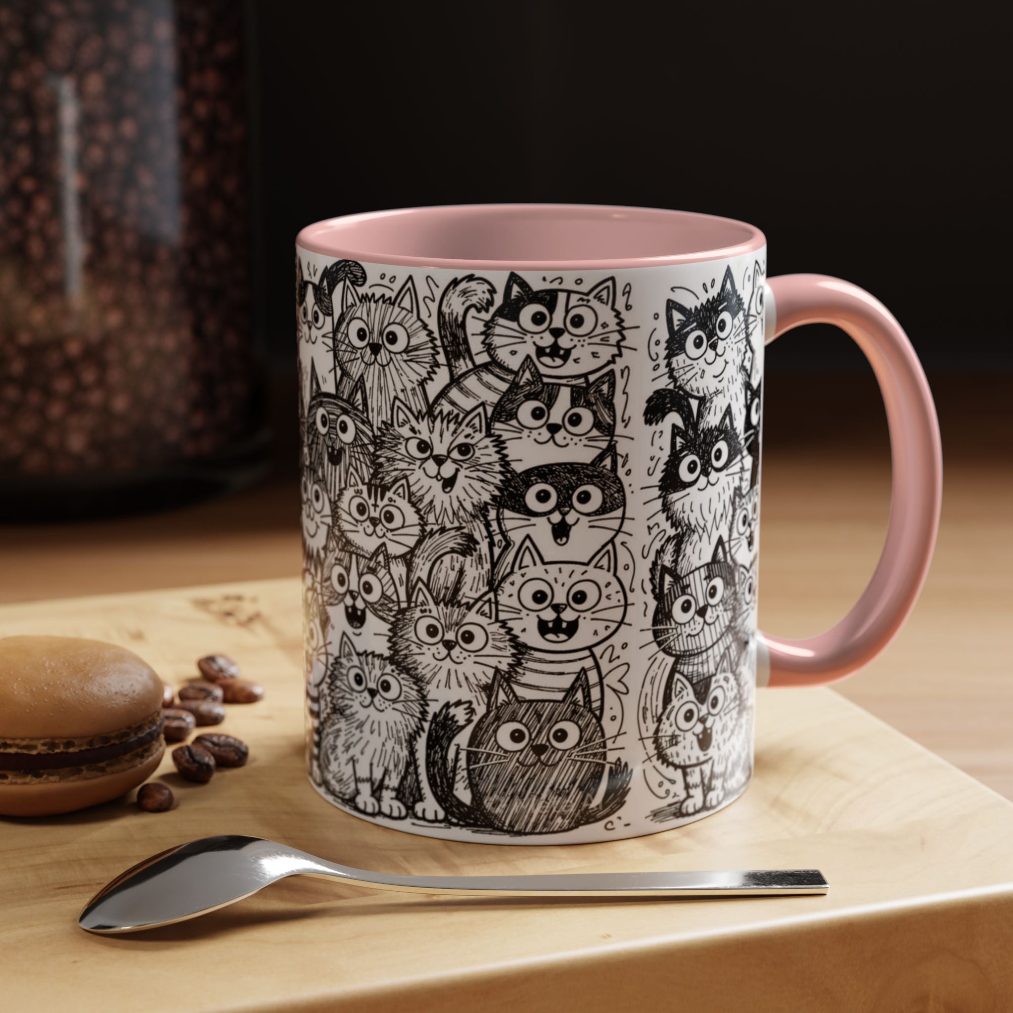 . Cat Doodle Accent Coffee Mug — Black & White Cute Cat Pattern (11/15 oz)