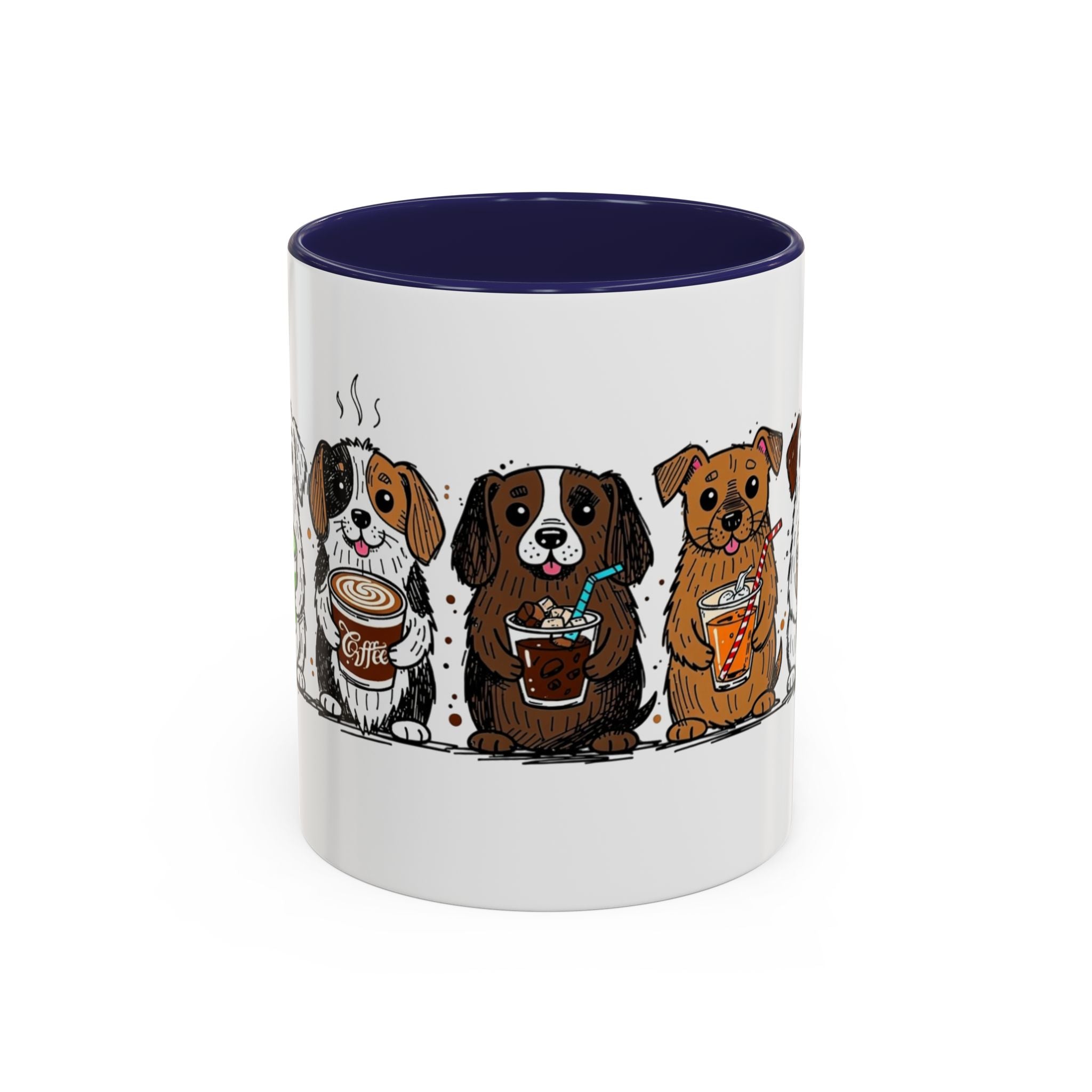 Cute Dogs Coffee Mug — Cartoon Puppies Holding Lattes (11/15oz Accent Mug)