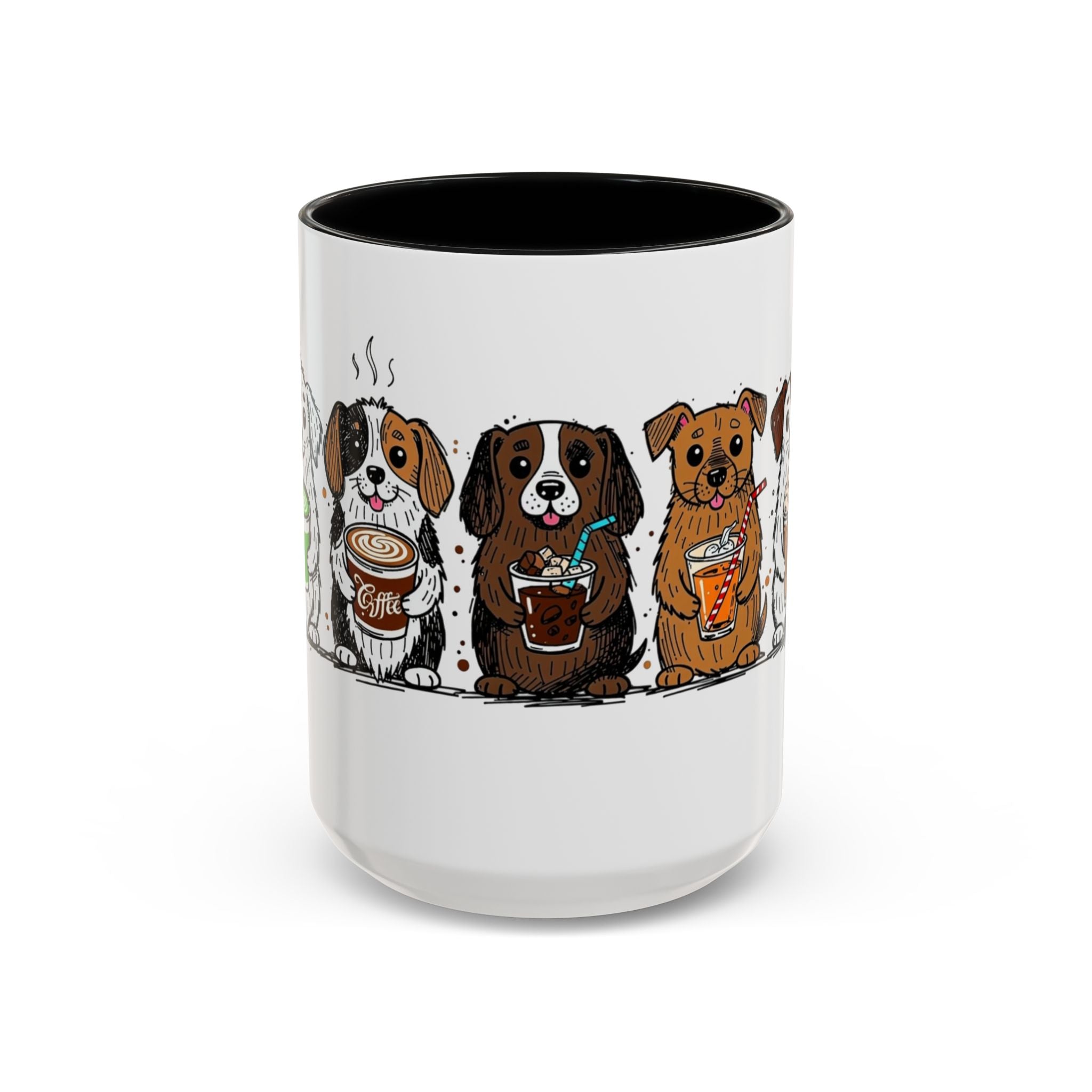 Cute Dogs Coffee Mug — Cartoon Puppies Holding Lattes (11/15oz Accent Mug)