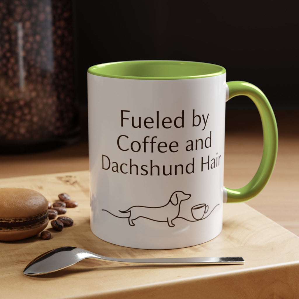 Dachshund Coffee Mug — “Fueled by Coffee and Dachshund Hair” Accent Ceramic Mug