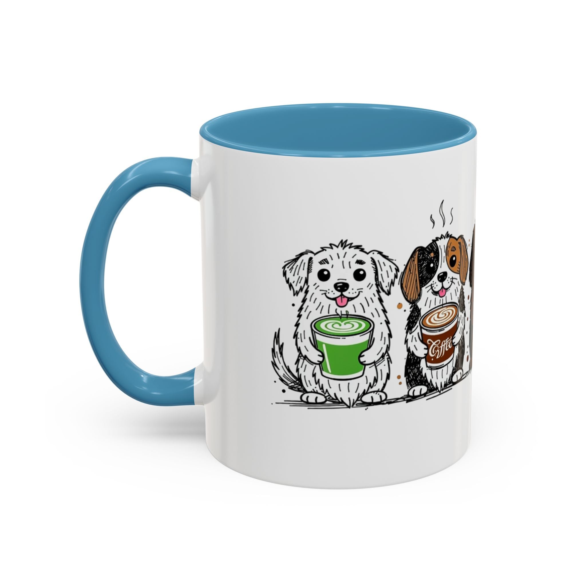 Cute Dogs Coffee Mug — Cartoon Puppies Holding Lattes (11/15oz Accent Mug)