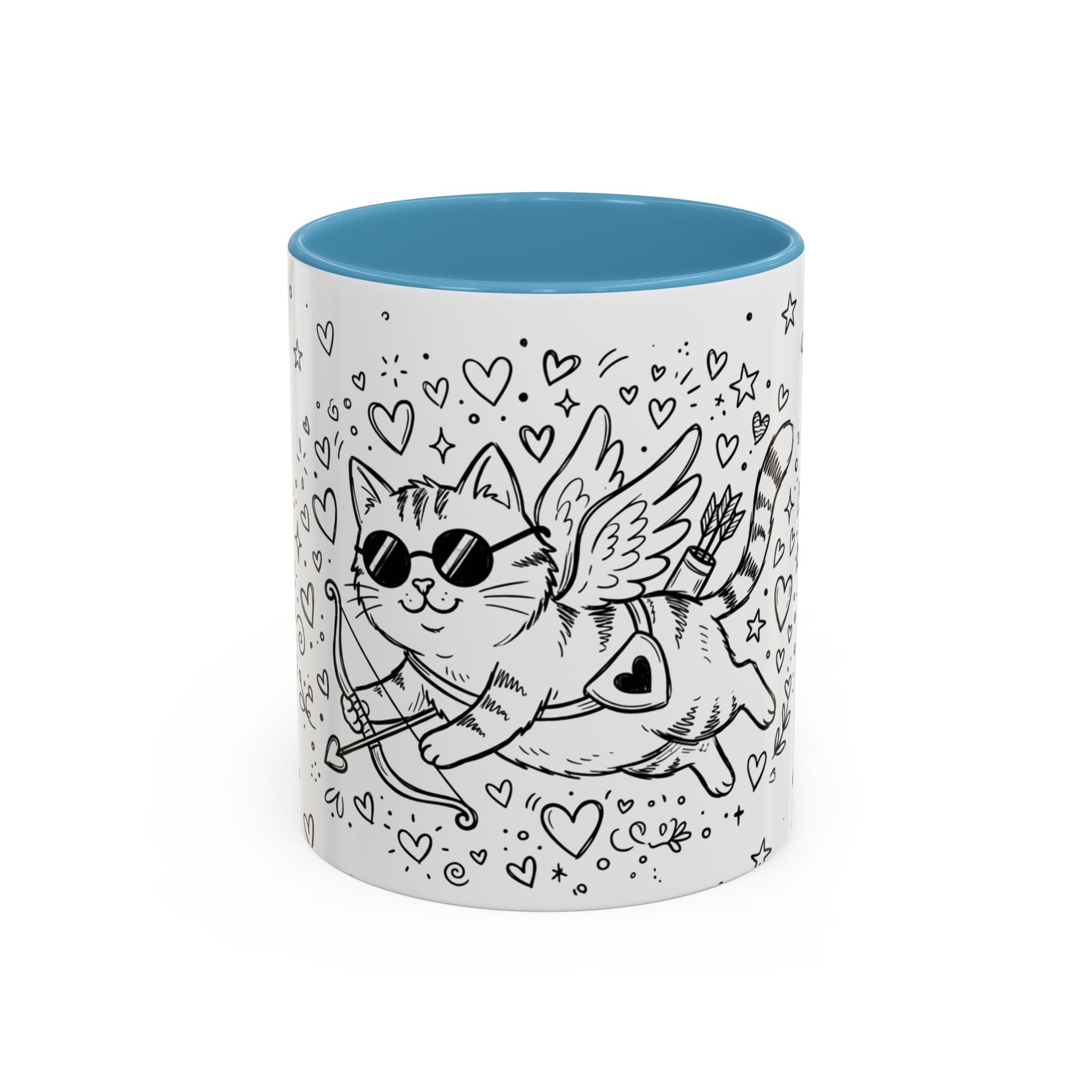 Winged Cupid Cat Coffee Mug — Cute Valentine Kitty Accent Mug (11/15 oz)