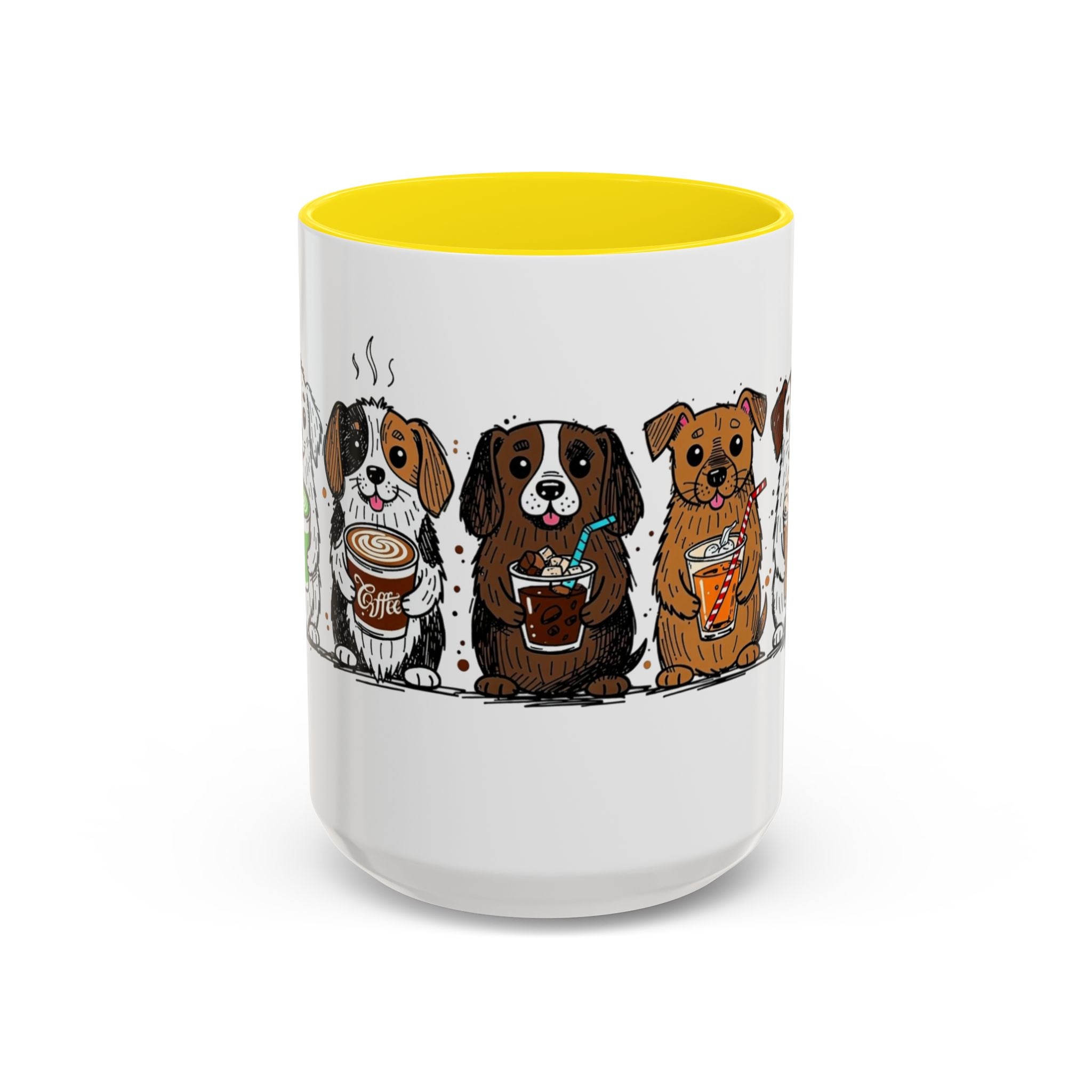 Cute Dogs Coffee Mug — Cartoon Puppies Holding Lattes (11/15oz Accent Mug)