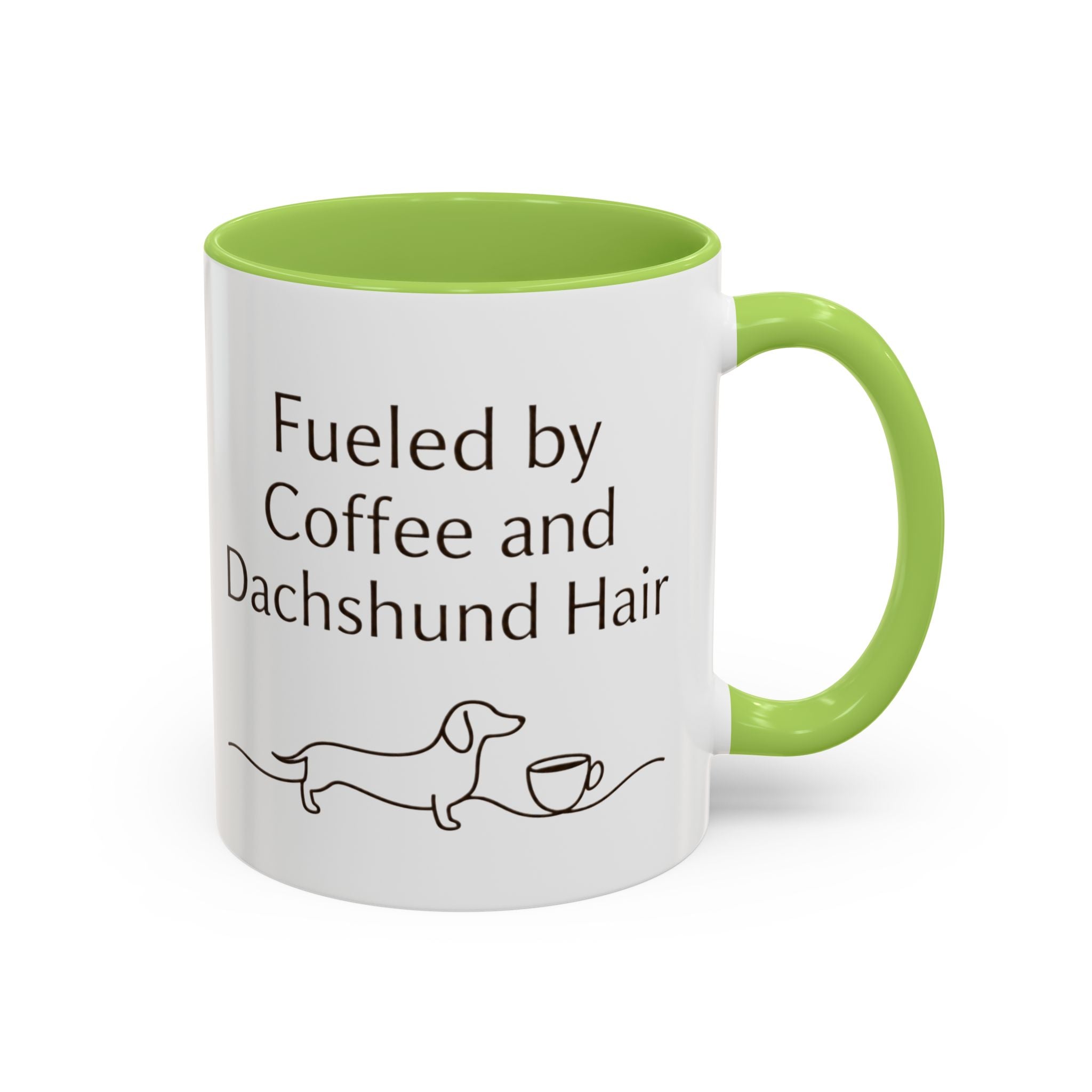Dachshund Coffee Mug — “Fueled by Coffee and Dachshund Hair” Accent Ceramic Mug