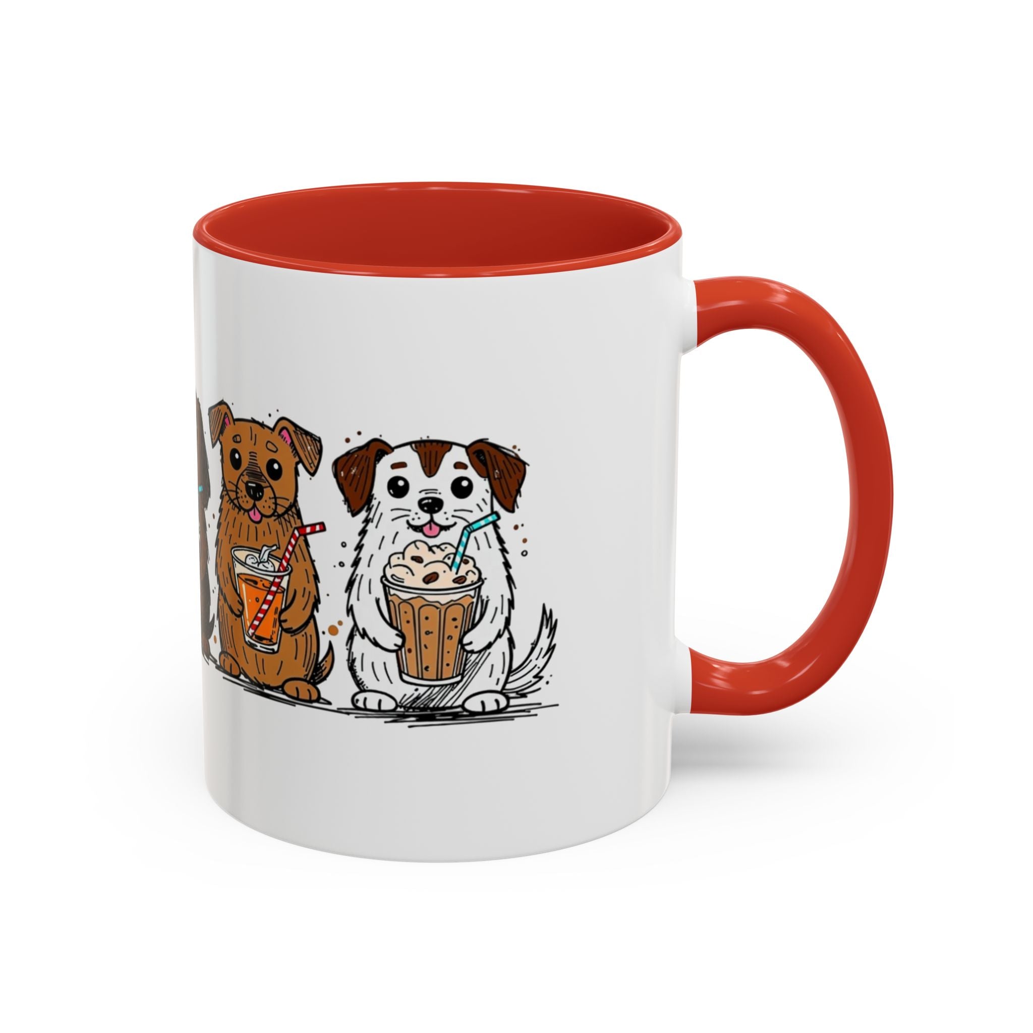 Cute Dogs Coffee Mug — Cartoon Puppies Holding Lattes (11/15oz Accent Mug)