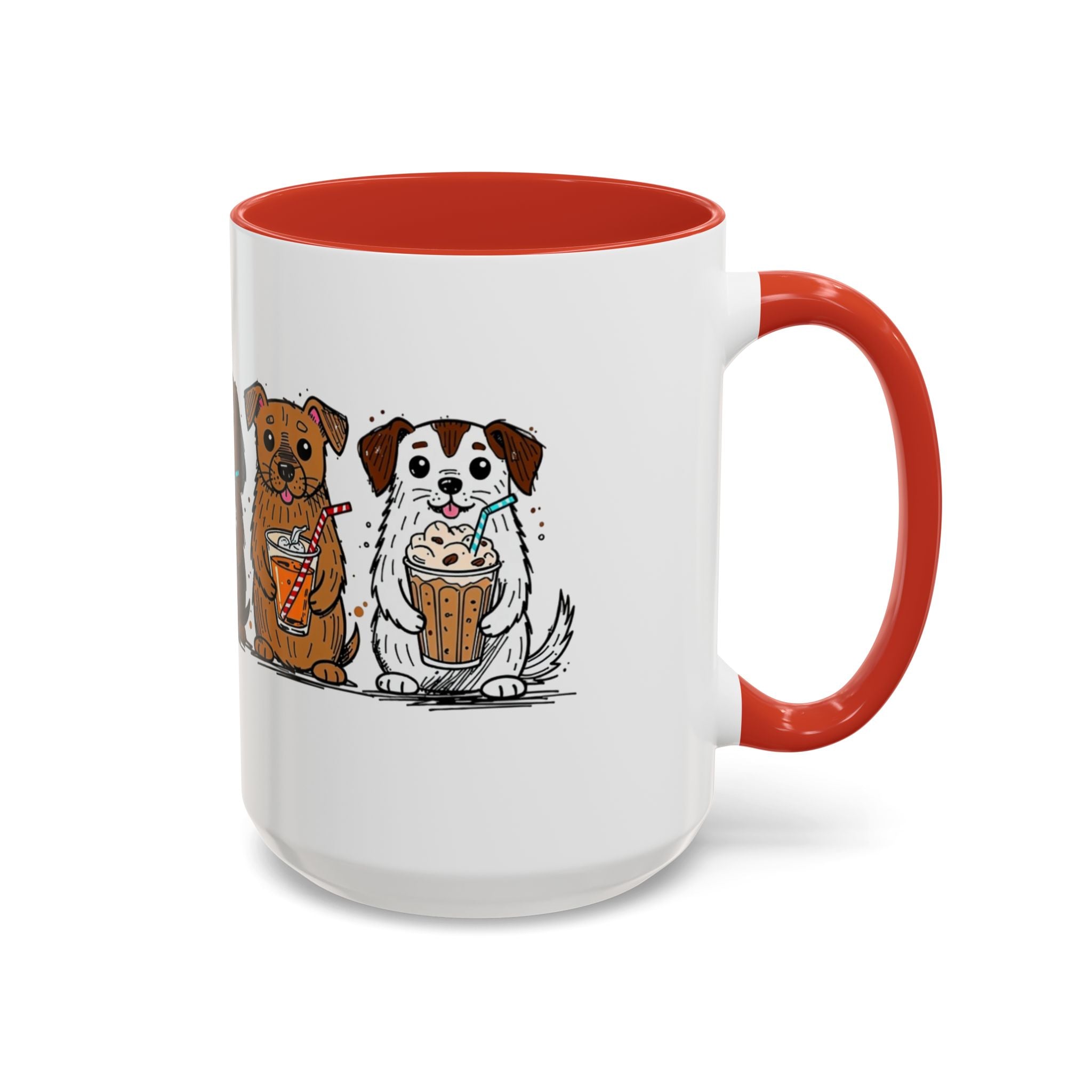 Cute Dogs Coffee Mug — Cartoon Puppies Holding Lattes (11/15oz Accent Mug)