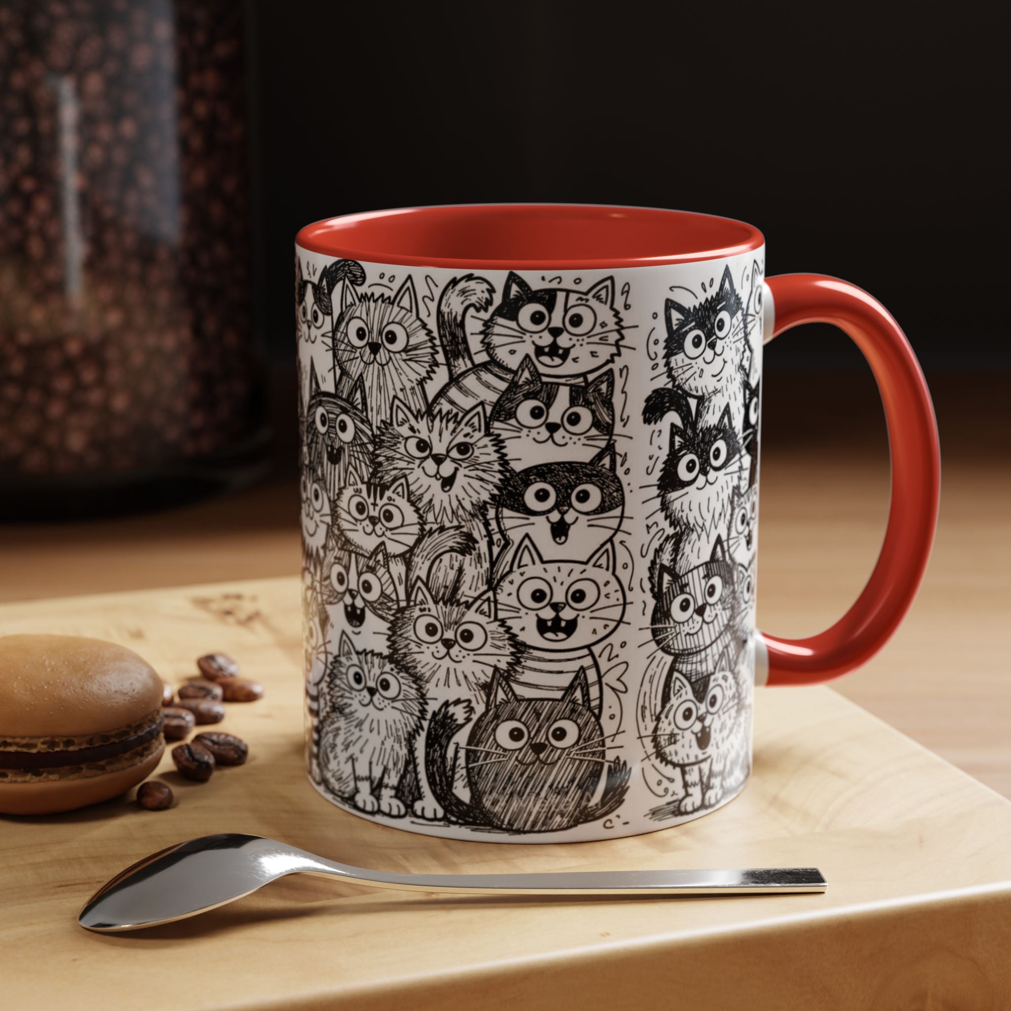 . Cat Doodle Accent Coffee Mug — Black & White Cute Cat Pattern (11/15 oz)