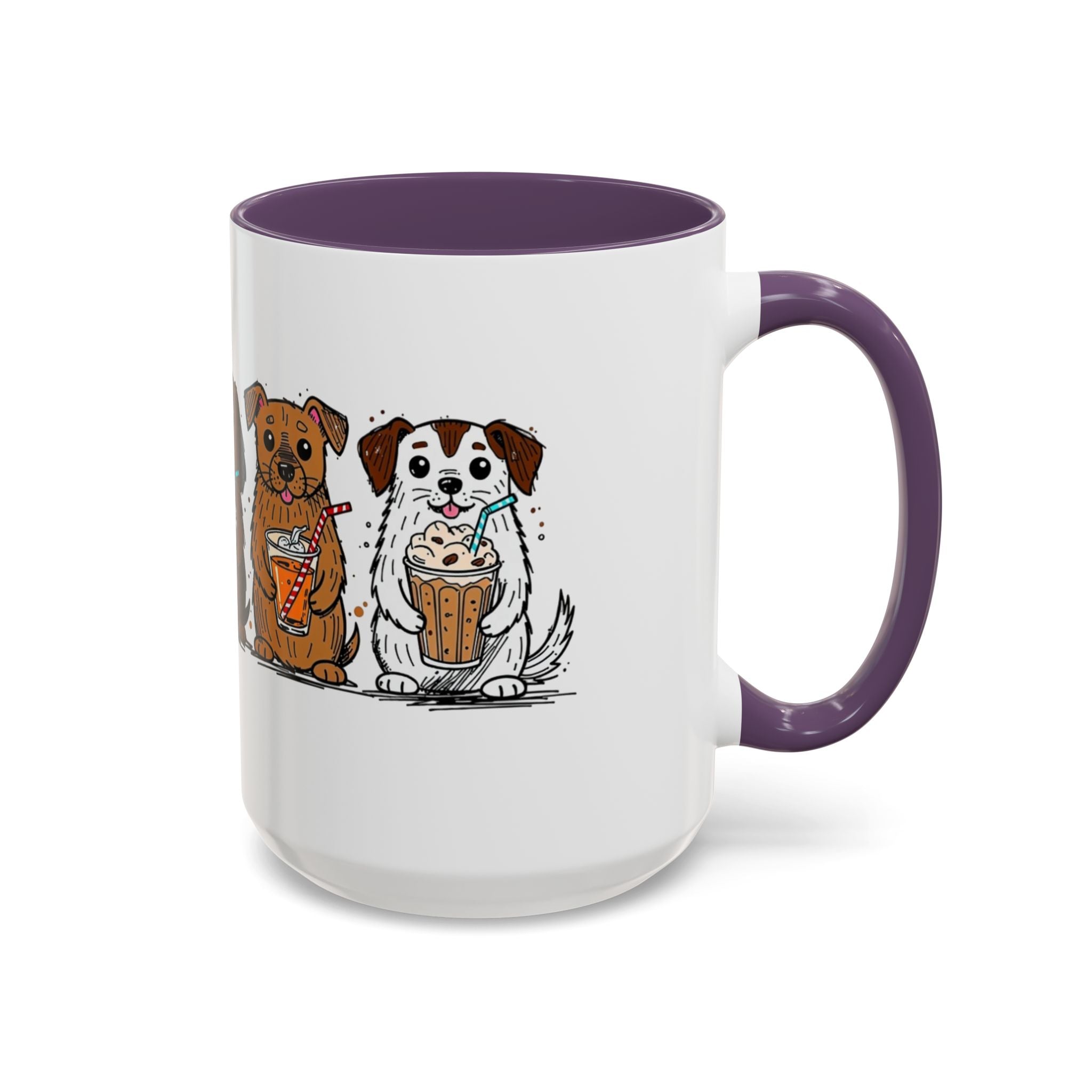 Cute Dogs Coffee Mug — Cartoon Puppies Holding Lattes (11/15oz Accent Mug)