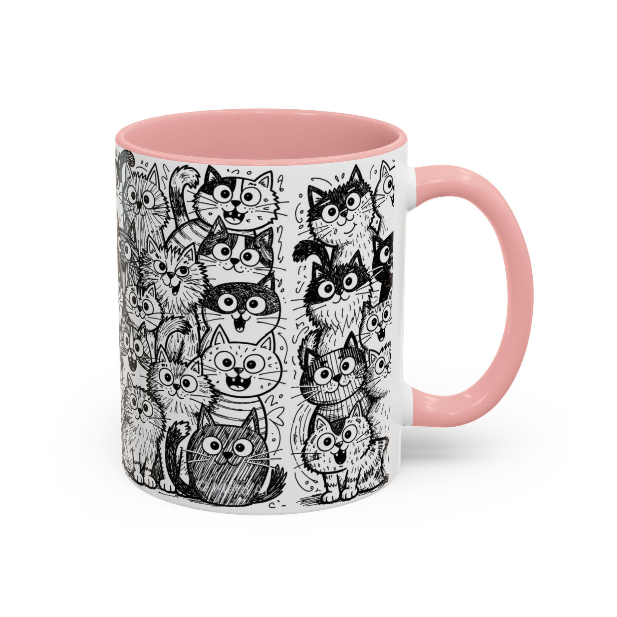 . Cat Doodle Accent Coffee Mug — Black & White Cute Cat Pattern (11/15 oz)