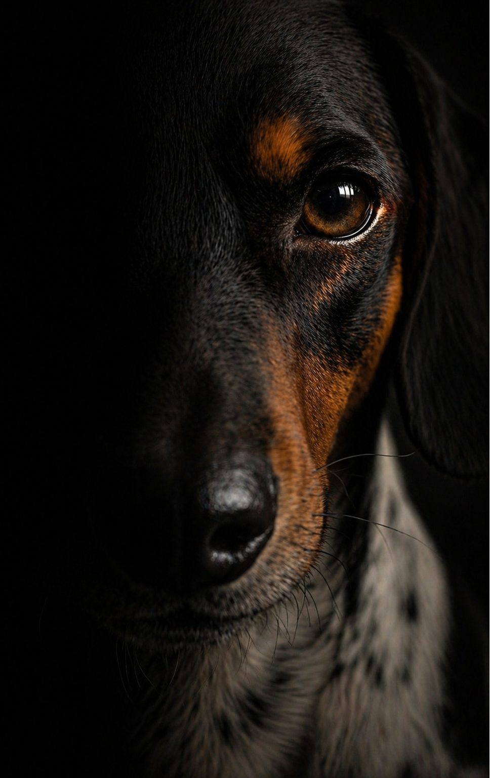Close-up of a dachshund's face with a dark background